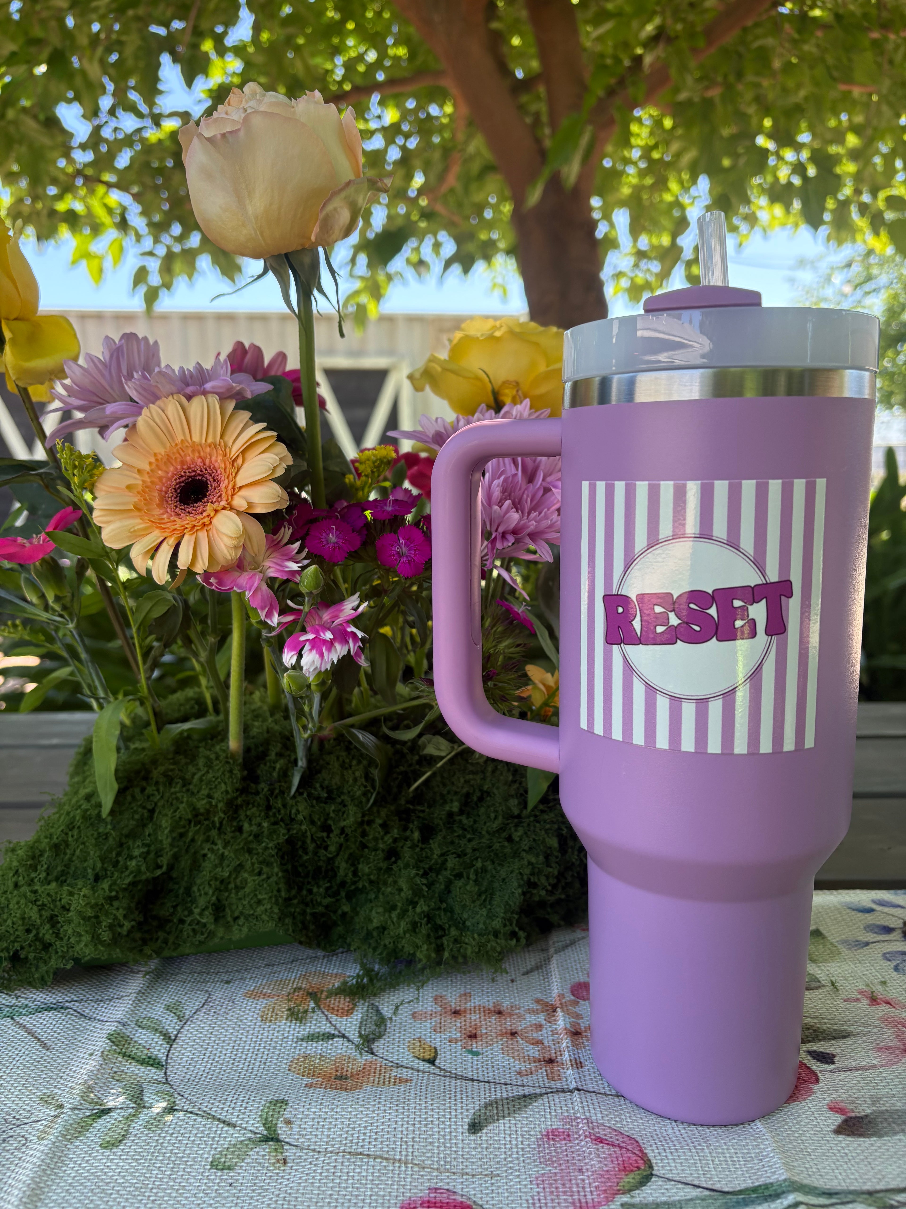Lilac Stanley with Striped RESET Logo - FLOWSTATE TUMBLER - 40OZ