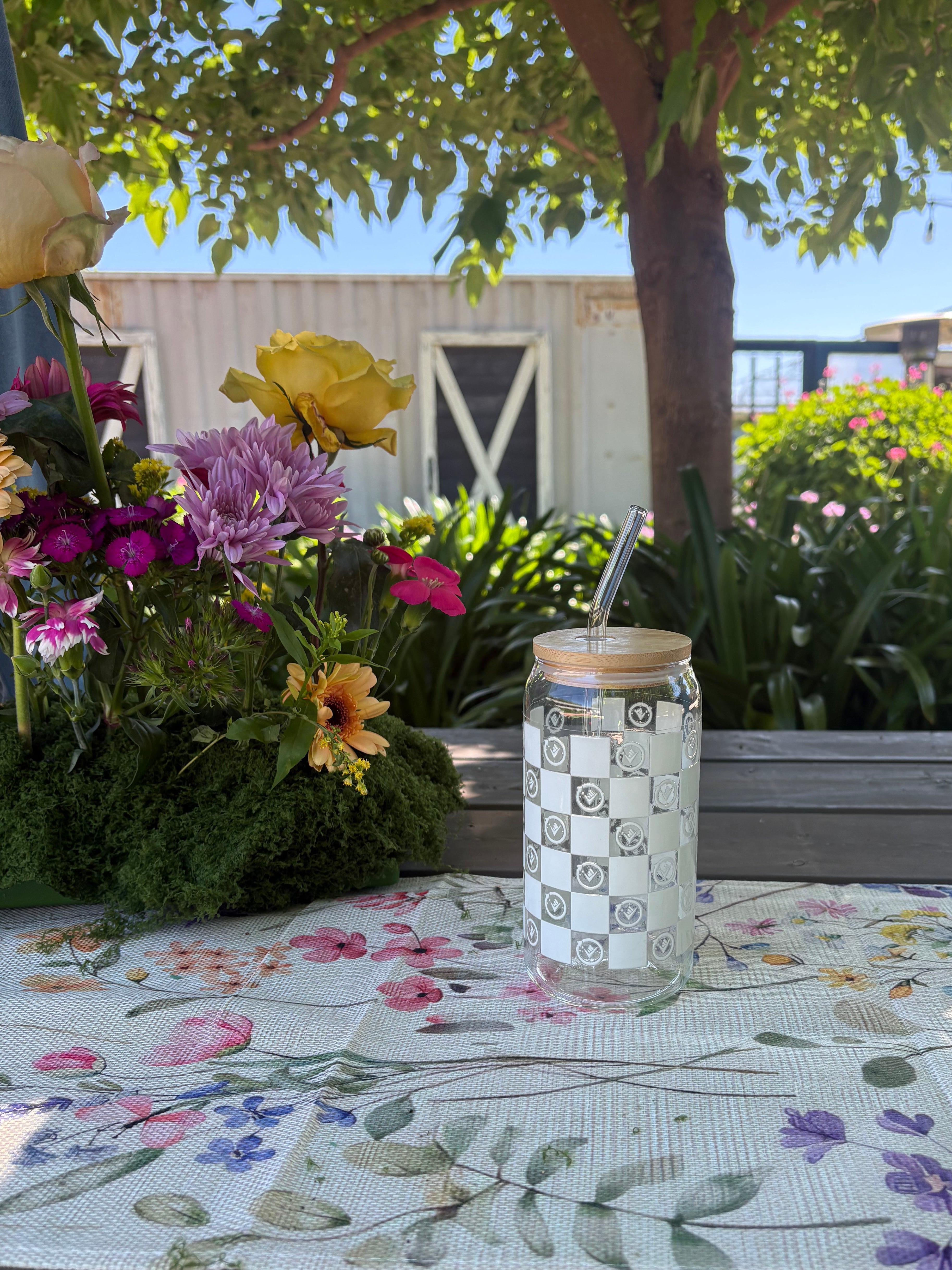 RESET checkered glass    16 oz tumbler with Bamboo Lid