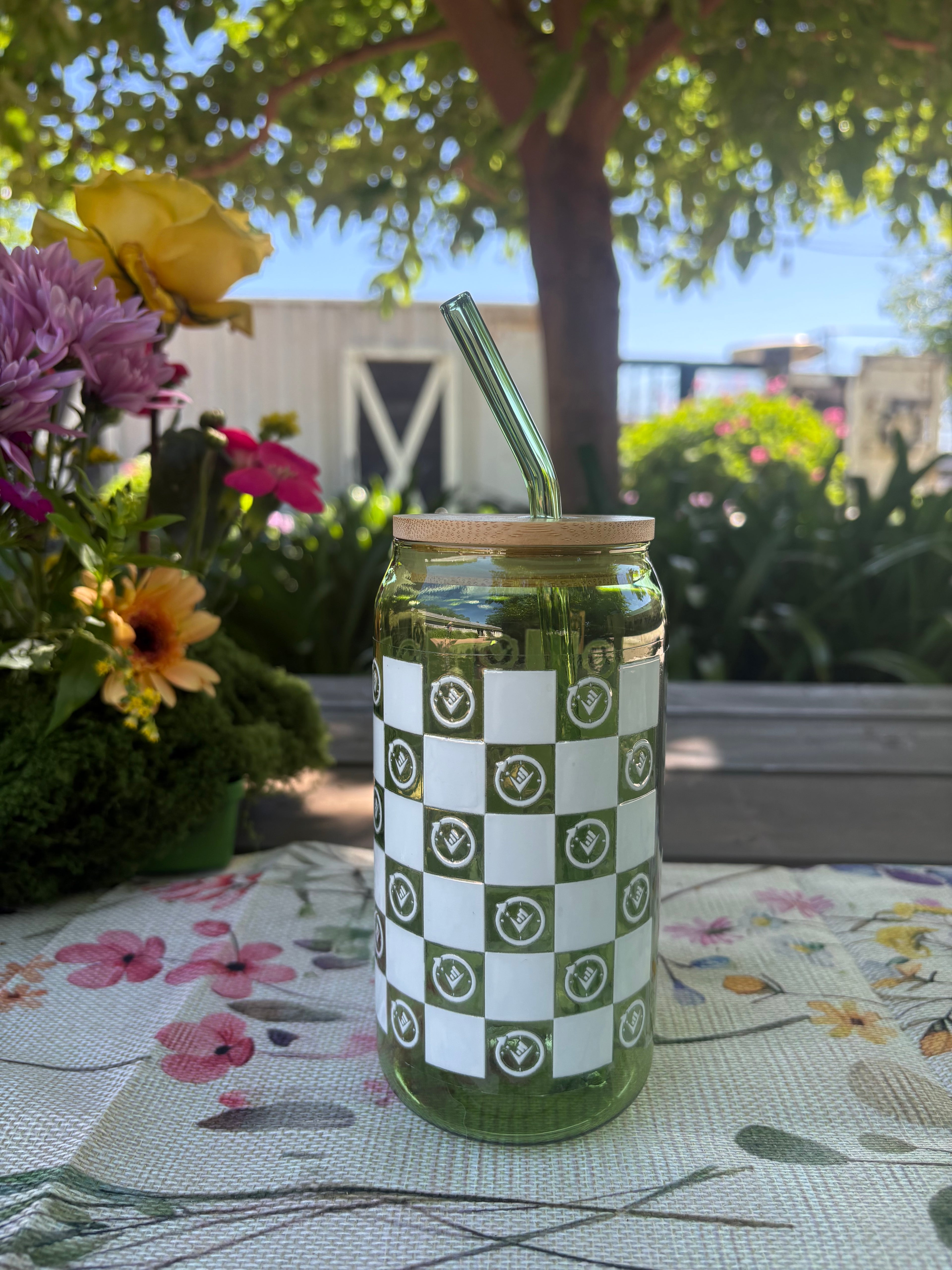 Green RESET checkered glass - 16 oz tumbler with Bamboo Lid